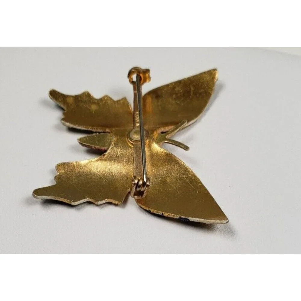 Vintage Korea Painted Flocked Stamped Metal Small  Butterfly Brooch - Picture 6 of 7